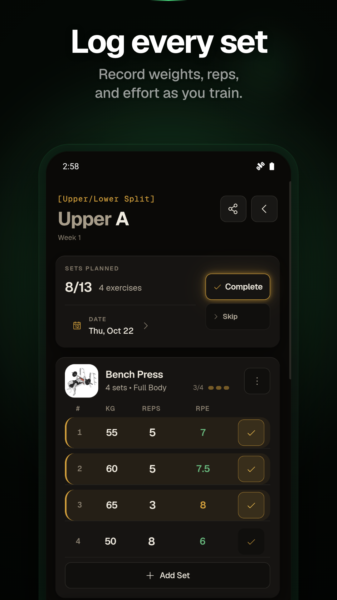 IronFlow workout logging screen on a phone